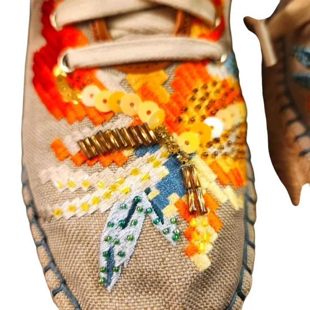 NINE WEST NATURAL GUINUP SNEAKER SEQUIN BOHO ESPADRILLE LACE UP SIZE 7